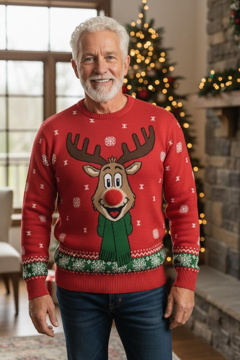 Ugly Sweater / Sueter Navideño Adulto frente con reno con bufanda y pompón.