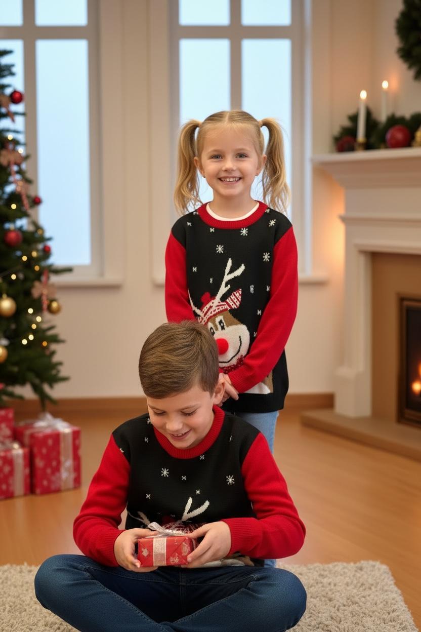 Ugly Sweater / Sueter Navideño con Reno con bufanda.Niños