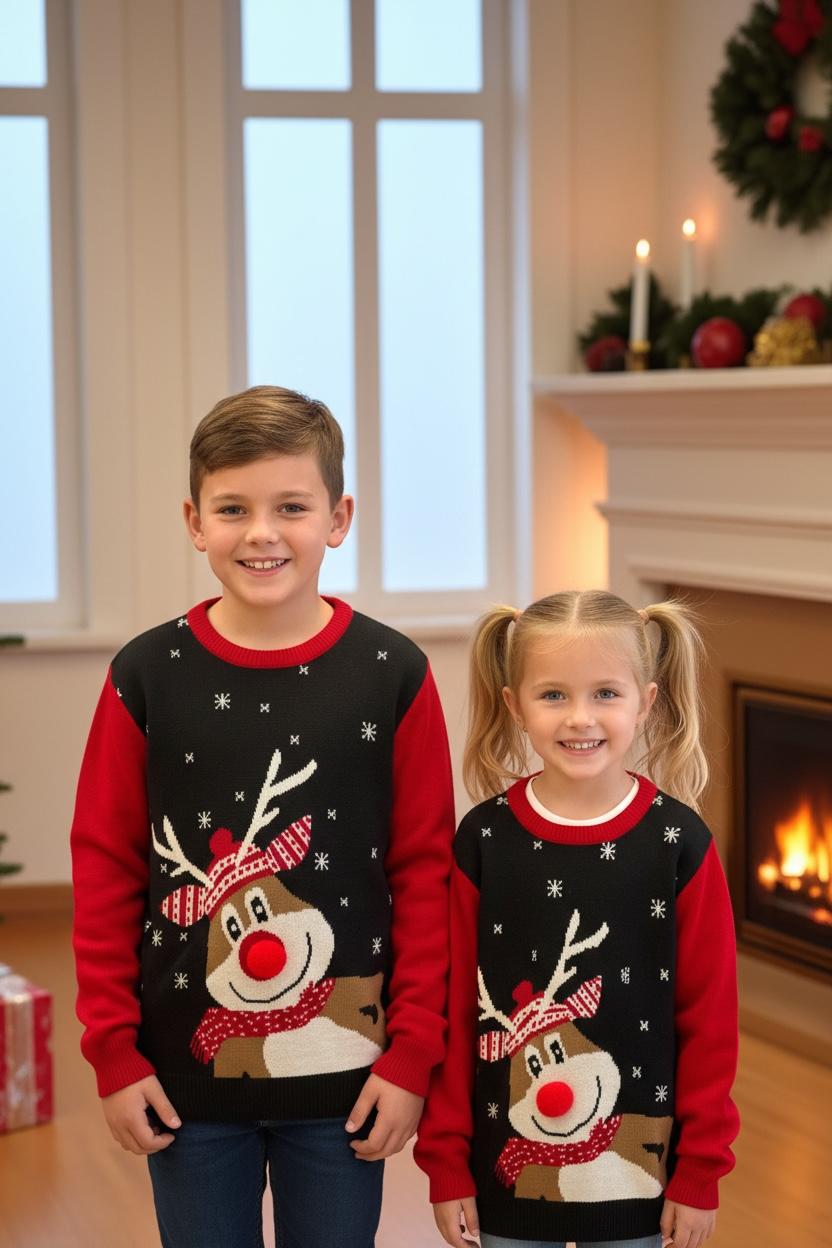 Ugly Sweater / Sueter Navideño con Reno con bufanda.Niños