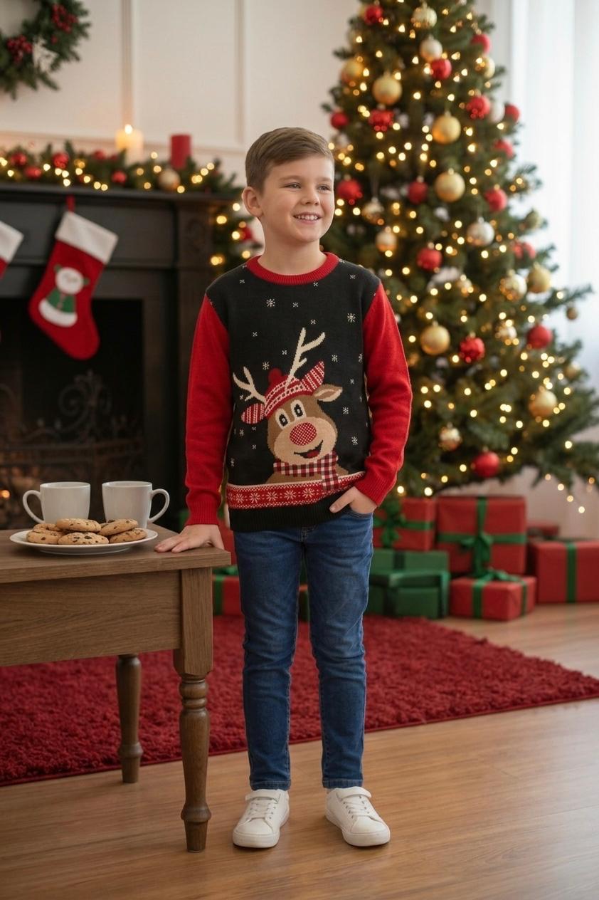 Ugly Sweater / Sueter Navideño con Reno con bufanda.Niños