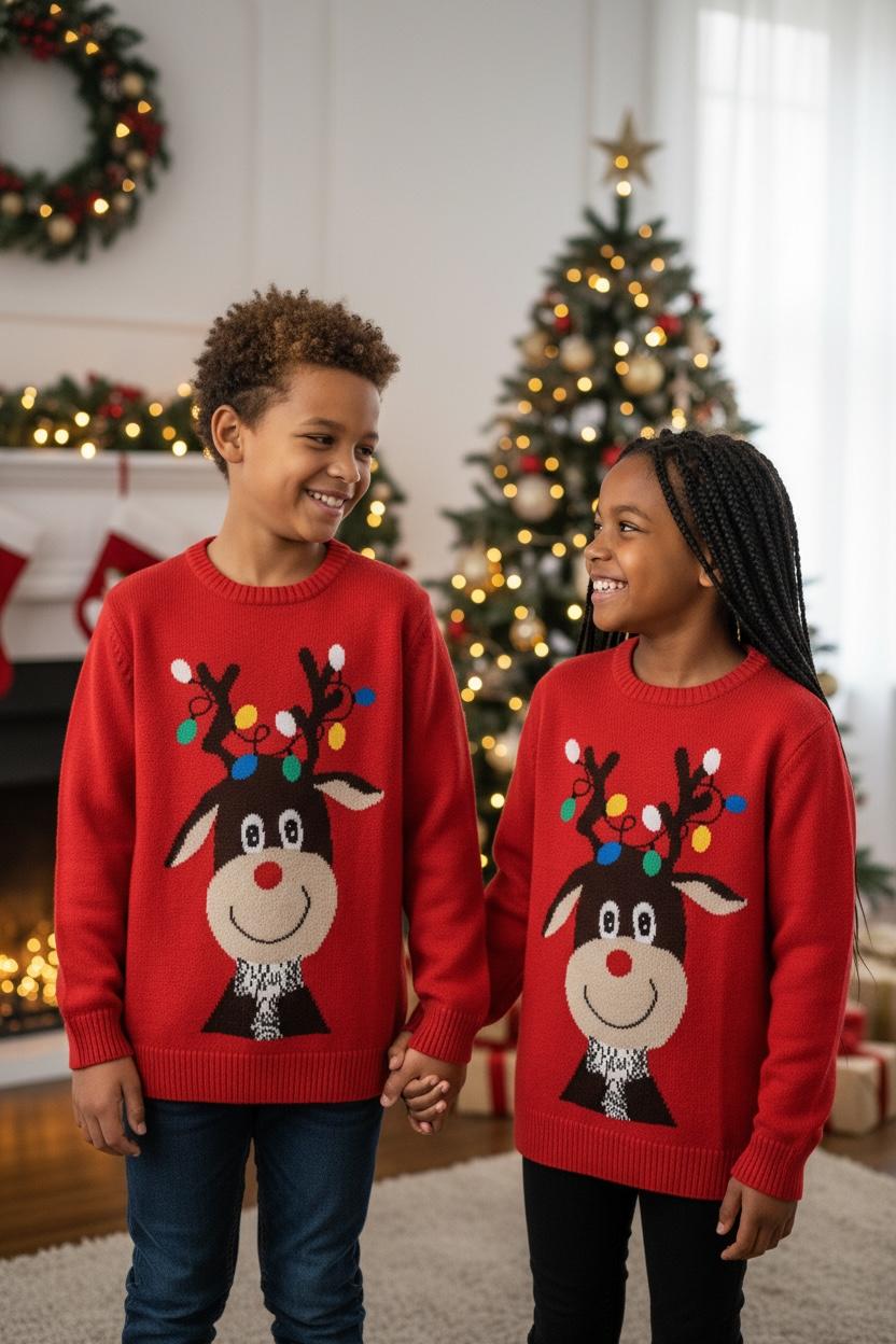 Ugly Sweater / Sueter Navideño con Reno con luces bordadas. Niños