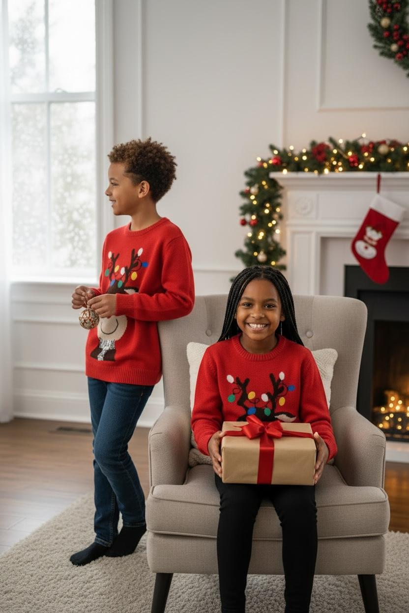Ugly Sweater / Sueter Navideño con Reno con luces bordadas. Niños