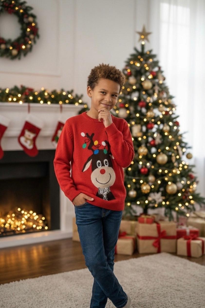 Ugly Sweater / Sueter Navideño con Reno con luces bordadas. Niños