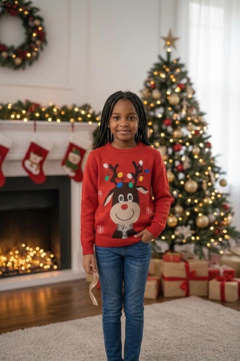 Ugly Sweater / Sueter Navideño con Reno con luces bordadas. Niños